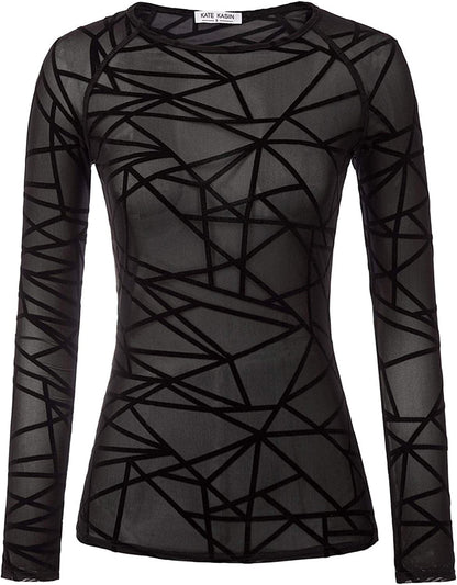 Women'S Basic Long Sleeves Mesh Sheer Tops Black-line / XX-Large