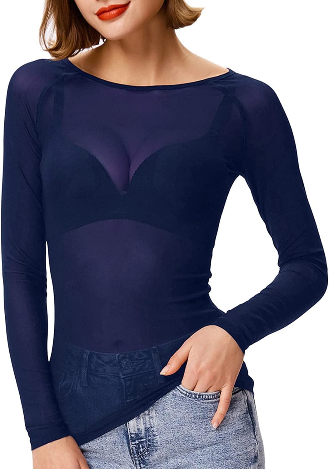 Women'S Basic Long Sleeves Mesh Sheer Tops Navy / XX-Large
