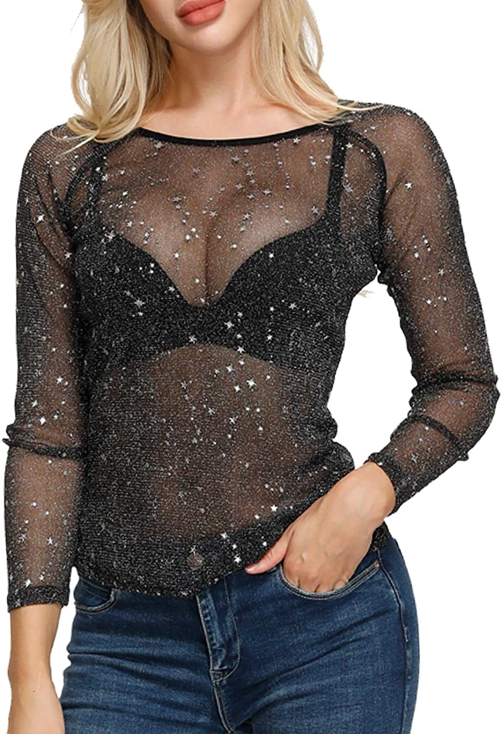 Women'S Basic Long Sleeves Mesh Sheer Tops Black-star / XX-Large