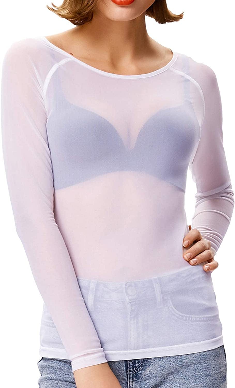 Women'S Basic Long Sleeves Mesh Sheer Tops White / XX-Large
