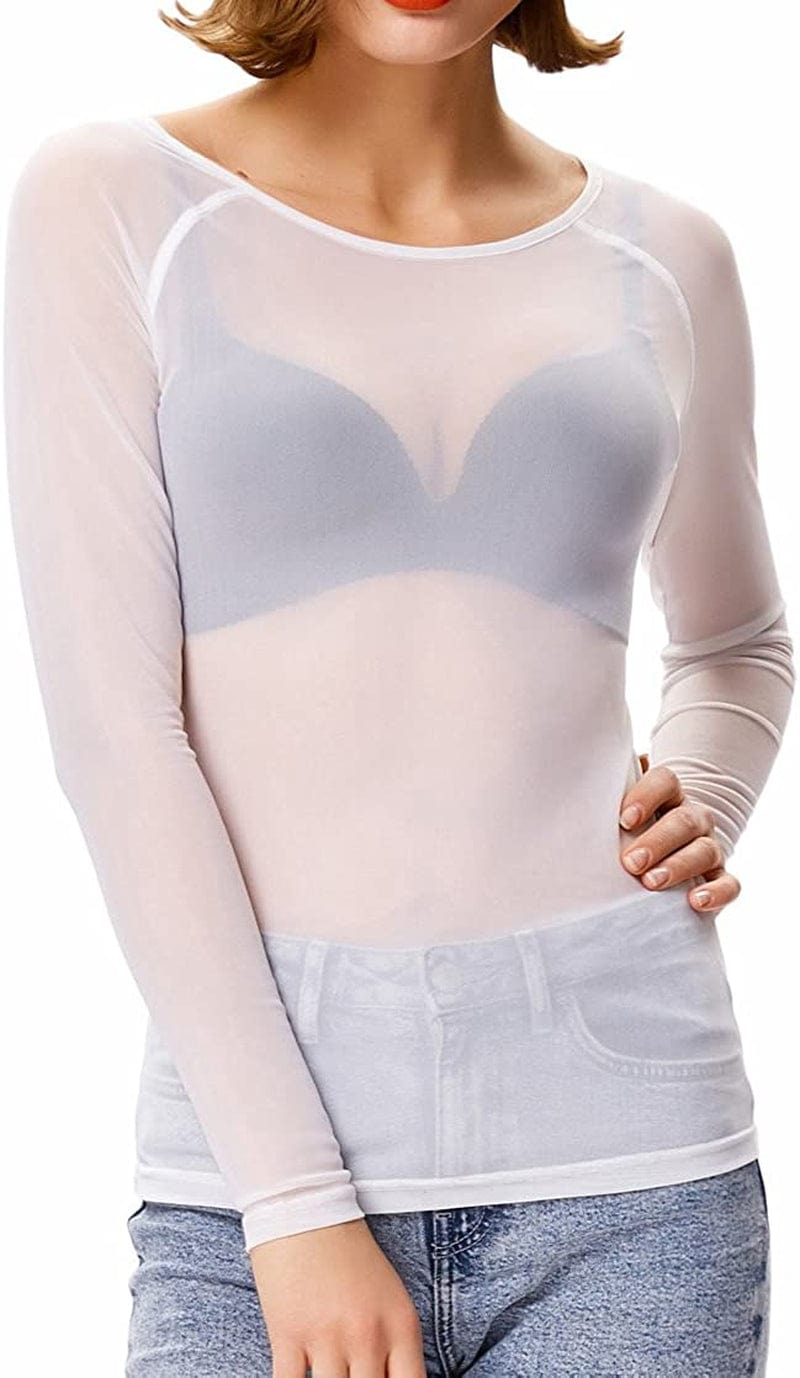Women'S Basic Long Sleeves Mesh Sheer Tops Ivory / XX-Large