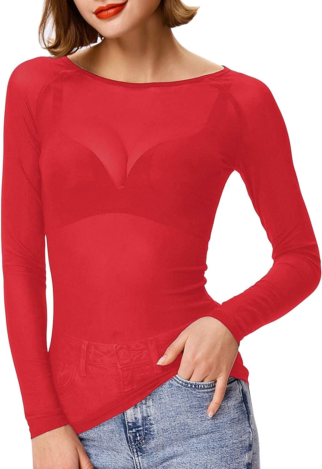Women'S Basic Long Sleeves Mesh Sheer Tops Red / XX-Large