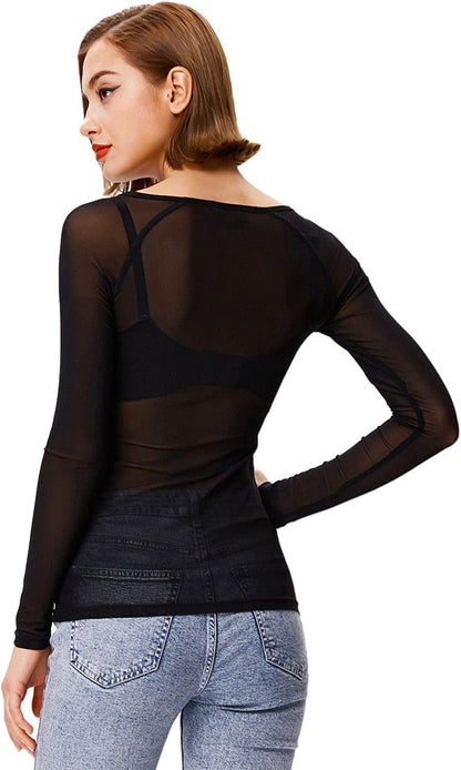 Women'S Basic Long Sleeves Mesh Sheer Tops