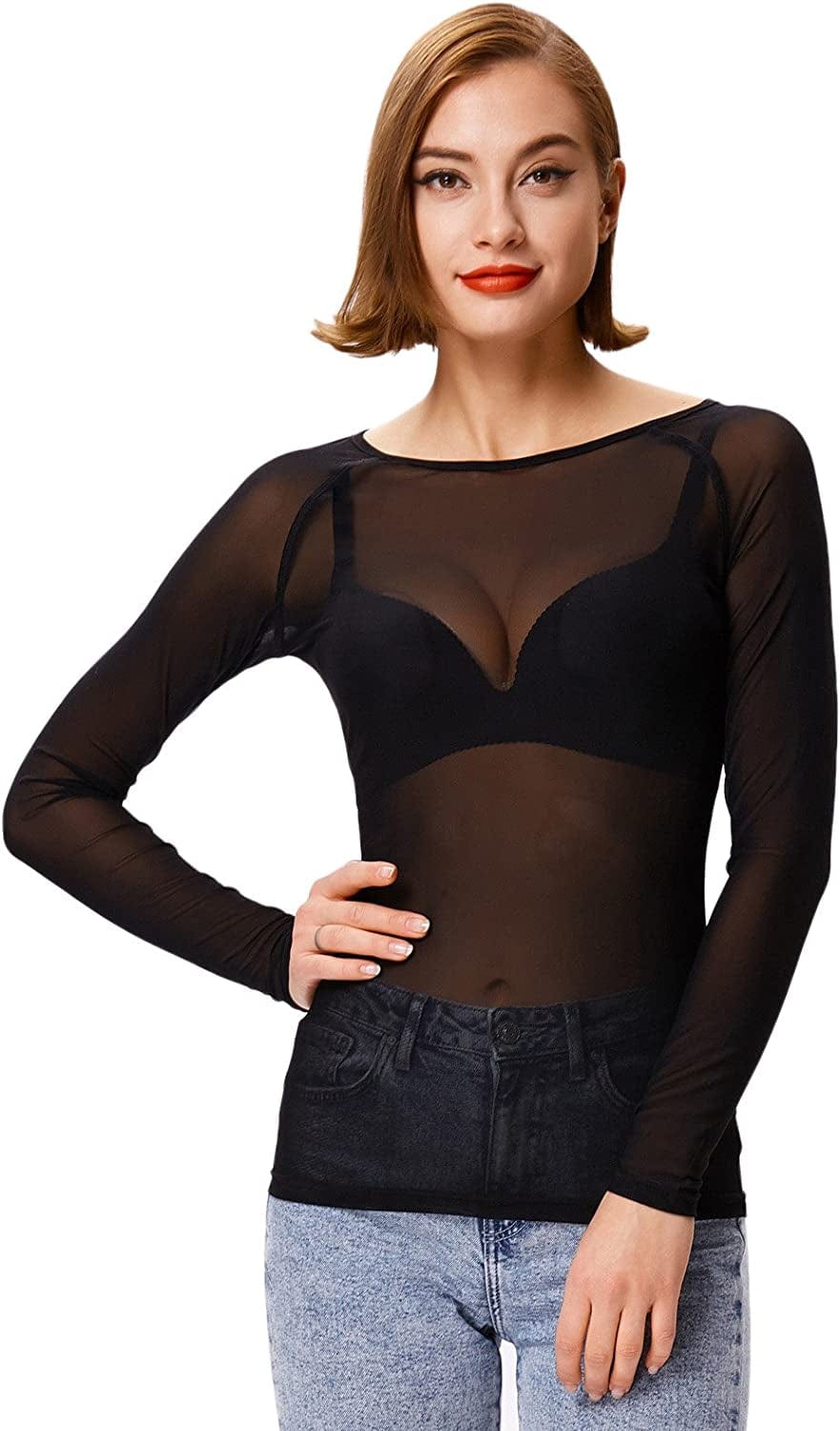 Women'S Basic Long Sleeves Mesh Sheer Tops