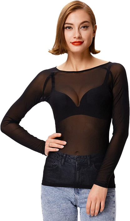 Women'S Basic Long Sleeves Mesh Sheer Tops