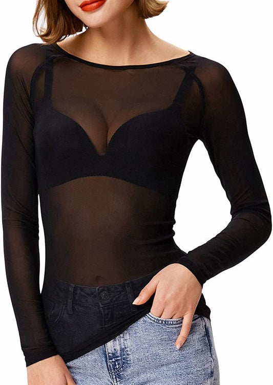 Women'S Basic Long Sleeves Mesh Sheer Tops Black / XX-Large