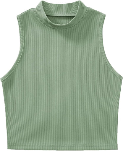 Women'S Basic Sleeveless Mock Neck Rib Knit Tank Crop Top Light Green / X-Small