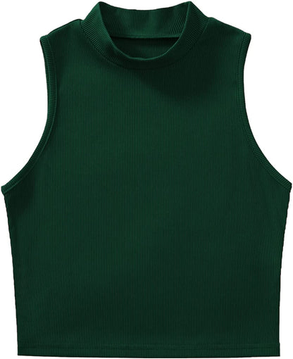 Women'S Basic Sleeveless Mock Neck Rib Knit Tank Crop Top Green / Large