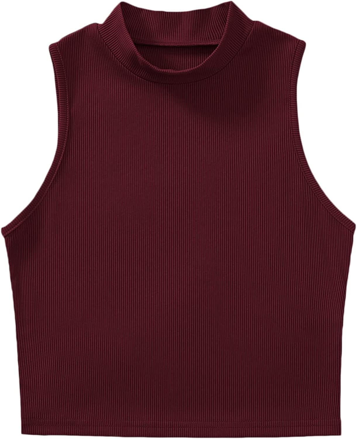 Women'S Basic Sleeveless Mock Neck Rib Knit Tank Crop Top Maroon / Large