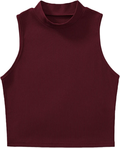 Women'S Basic Sleeveless Mock Neck Rib Knit Tank Crop Top Maroon / Large