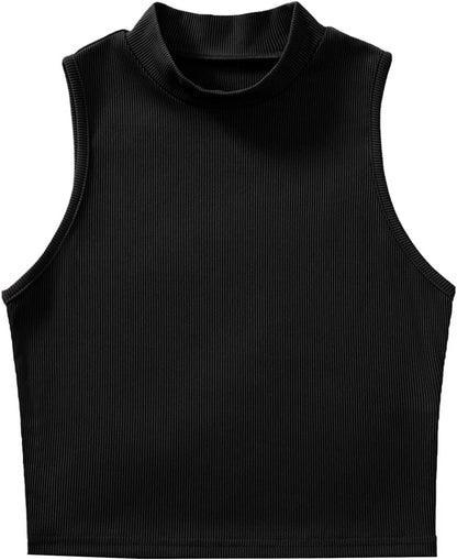 Women'S Basic Sleeveless Mock Neck Rib Knit Tank Crop Top Black / Large