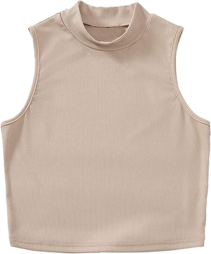Women'S Basic Sleeveless Mock Neck Rib Knit Tank Crop Top Apricot / Large