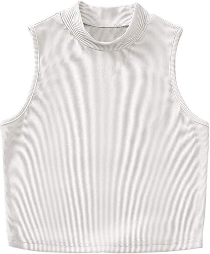 Women'S Basic Sleeveless Mock Neck Rib Knit Tank Crop Top Cream White / X-Large