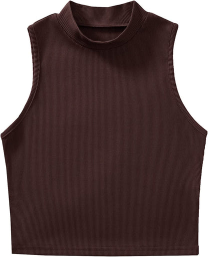 Women'S Basic Sleeveless Mock Neck Rib Knit Tank Crop Top Chocolate Brown# / Large