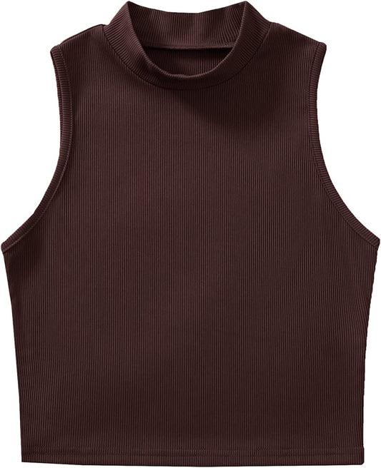 Women'S Basic Sleeveless Mock Neck Rib Knit Tank Crop Top Chocolate Brown# / Large