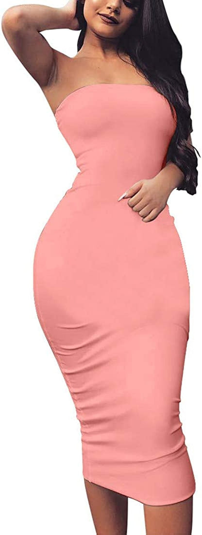 Women'S Basic Sleeveless Tube Top Sexy Strapless Bodycon Midi Club Dress Water Pink / Large