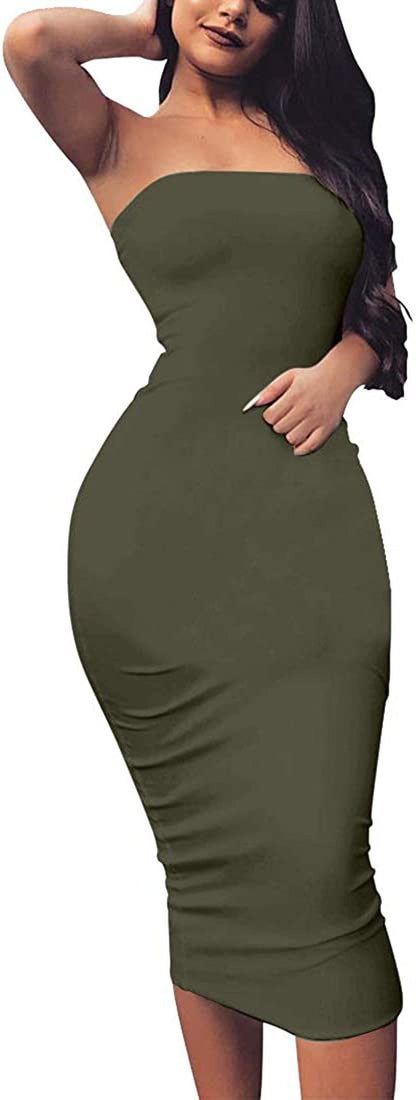 Women'S Basic Sleeveless Tube Top Sexy Strapless Bodycon Midi Club Dress Army Green / Large