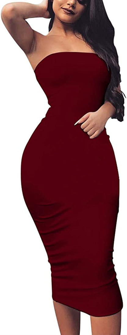 Women'S Basic Sleeveless Tube Top Sexy Strapless Bodycon Midi Club Dress Wine Red / Large