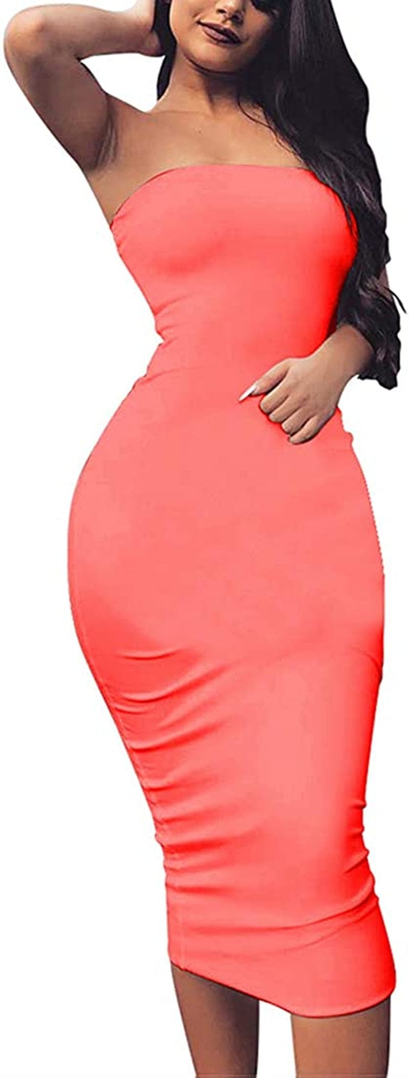 Women'S Basic Sleeveless Tube Top Sexy Strapless Bodycon Midi Club Dress Fluo Pink / X-Large