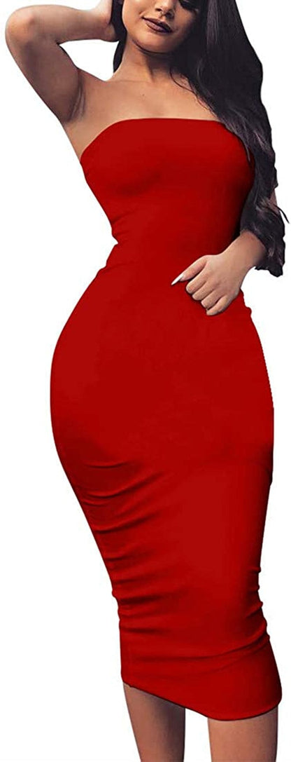 Women'S Basic Sleeveless Tube Top Sexy Strapless Bodycon Midi Club Dress Red / Large