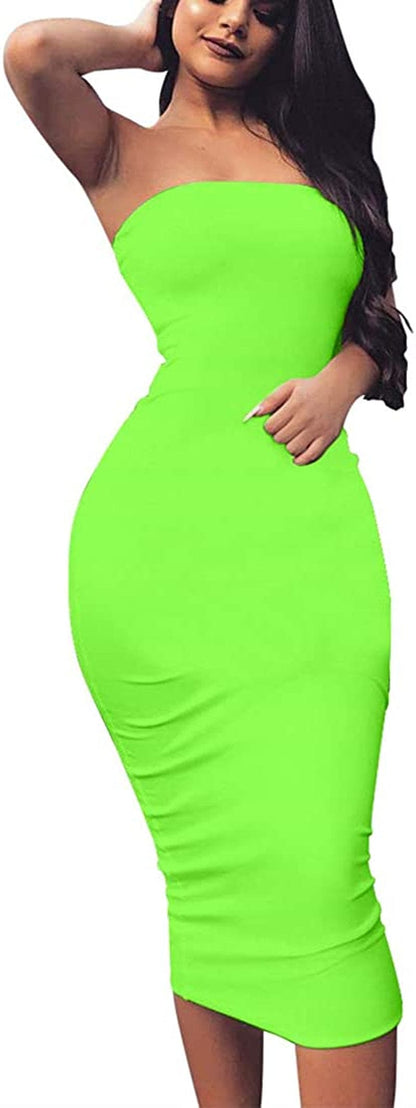 Women'S Basic Sleeveless Tube Top Sexy Strapless Bodycon Midi Club Dress Light Green / Large