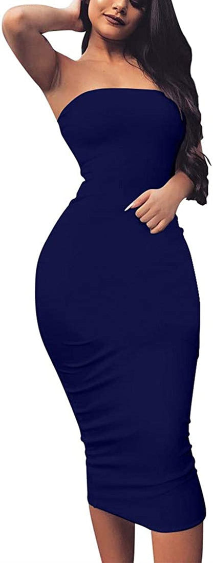 Women'S Basic Sleeveless Tube Top Sexy Strapless Bodycon Midi Club Dress Navy / Large