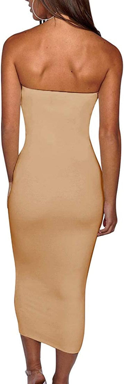 Women'S Basic Sleeveless Tube Top Sexy Strapless Bodycon Midi Club Dress
