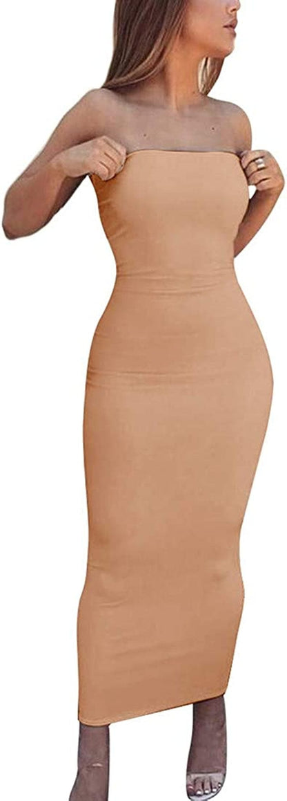Women'S Basic Sleeveless Tube Top Sexy Strapless Bodycon Midi Club Dress