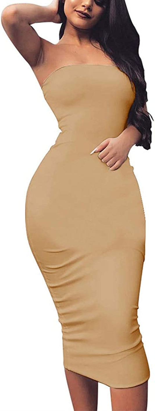 Women'S Basic Sleeveless Tube Top Sexy Strapless Bodycon Midi Club Dress Khaki / Large