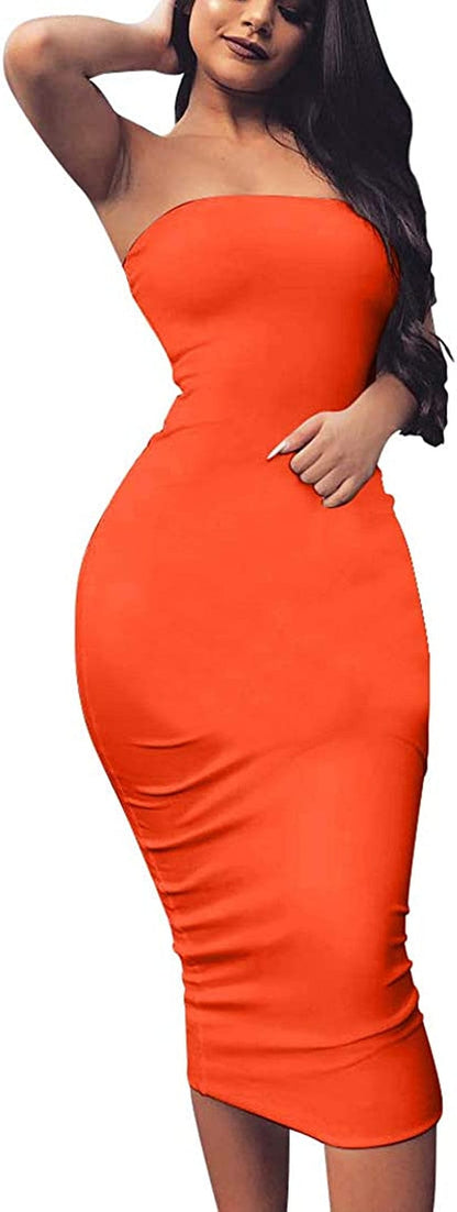 Women'S Basic Sleeveless Tube Top Sexy Strapless Bodycon Midi Club Dress Orange-red / Large