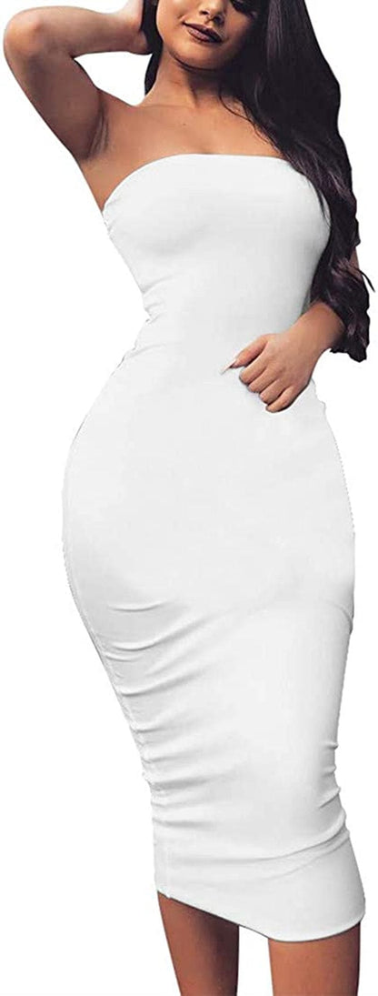 Women'S Basic Sleeveless Tube Top Sexy Strapless Bodycon Midi Club Dress White / Large