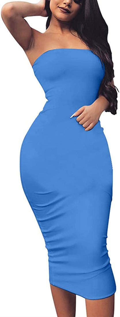 Women'S Basic Sleeveless Tube Top Sexy Strapless Bodycon Midi Club Dress Healthy Blue / Large