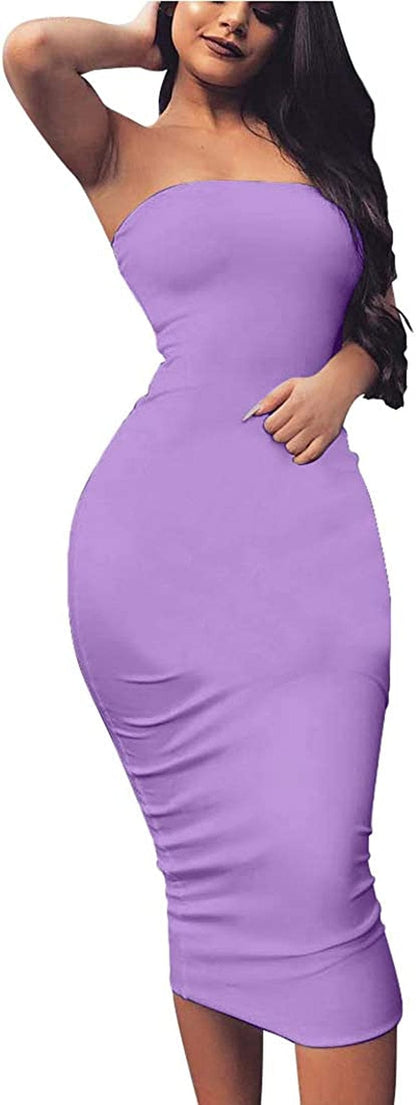 Women'S Basic Sleeveless Tube Top Sexy Strapless Bodycon Midi Club Dress Purple / Large