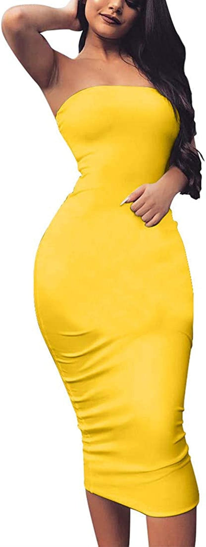 Women'S Basic Sleeveless Tube Top Sexy Strapless Bodycon Midi Club Dress Yellow / Large