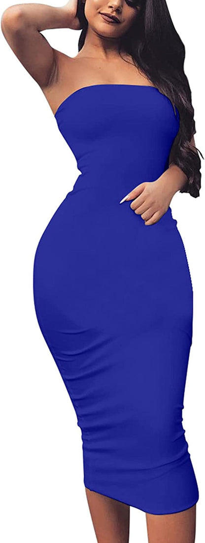 Women'S Basic Sleeveless Tube Top Sexy Strapless Bodycon Midi Club Dress Royal Blue / Large