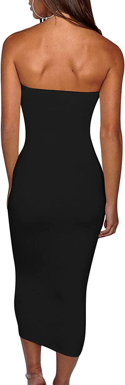 Women'S Basic Sleeveless Tube Top Sexy Strapless Bodycon Midi Club Dress