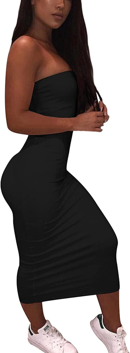 Women'S Basic Sleeveless Tube Top Sexy Strapless Bodycon Midi Club Dress