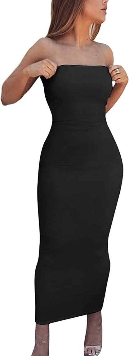 Women'S Basic Sleeveless Tube Top Sexy Strapless Bodycon Midi Club Dress