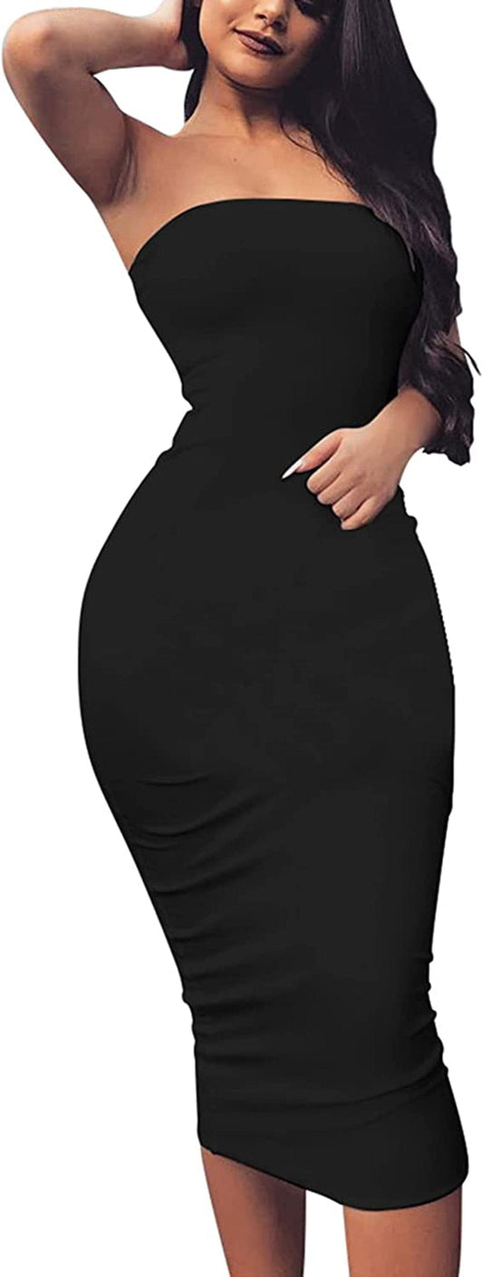 Women'S Basic Sleeveless Tube Top Sexy Strapless Bodycon Midi Club Dress Black / Large