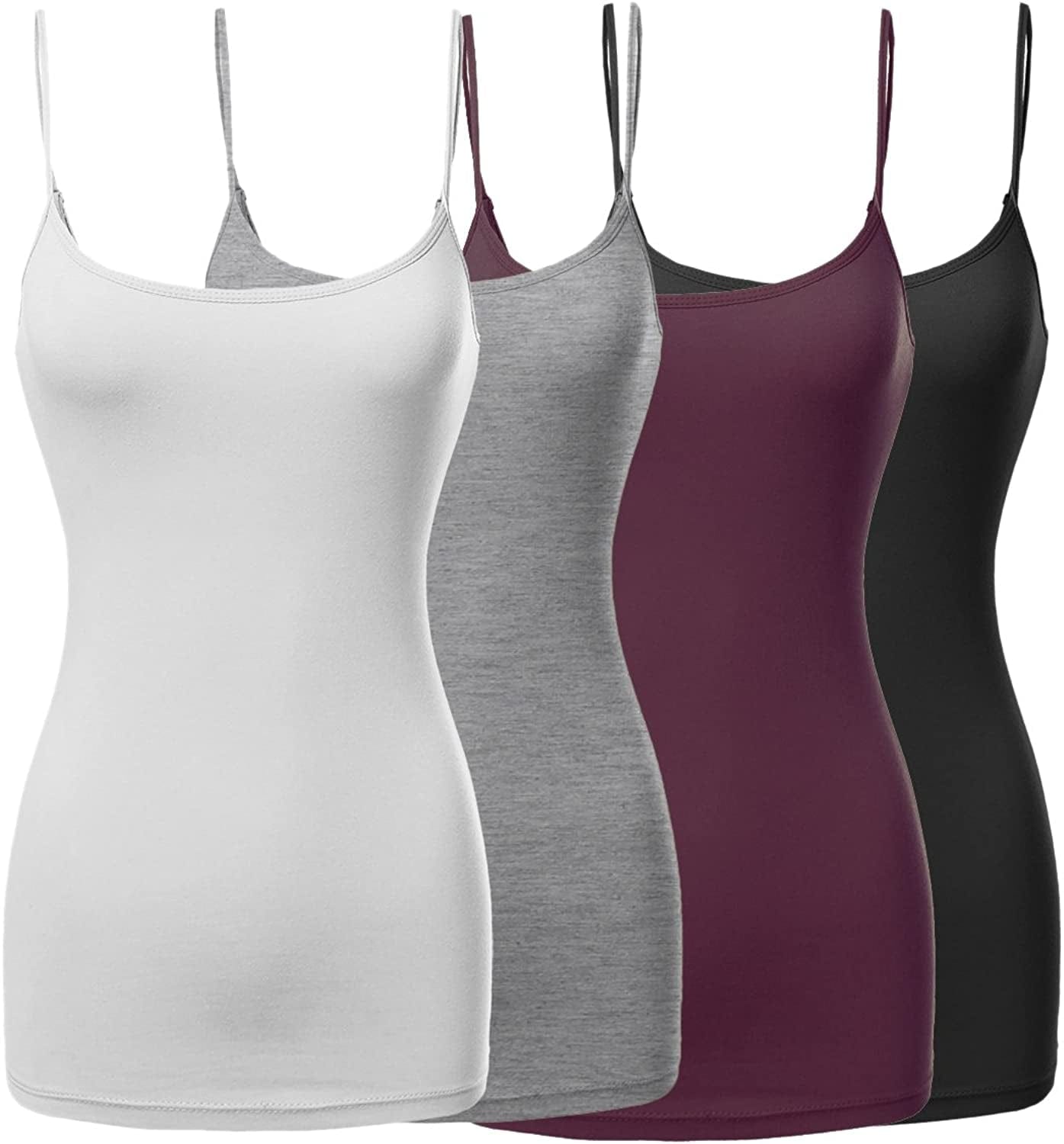 Women'S Basic Solid Long Length Adjustable Spaghetti Strap Tank Top [4PACK] Fwttk045 Black / White / Hgrey / Plum / Small