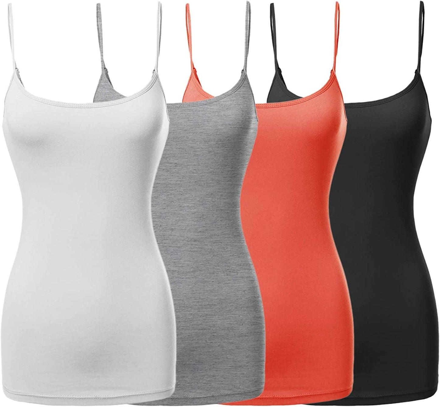 Women'S Basic Solid Long Length Adjustable Spaghetti Strap Tank Top [4PACK] Fwttk045 Black/White/H.grey/Bright Coral / Small