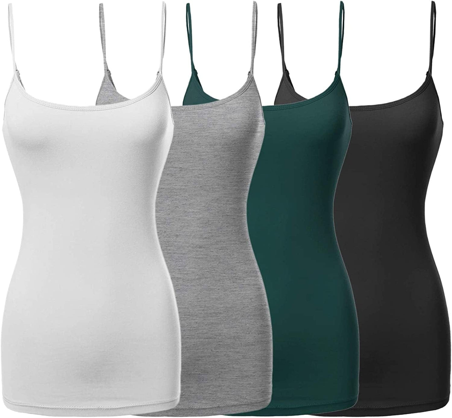 Women'S Basic Solid Long Length Adjustable Spaghetti Strap Tank Top [4PACK] Fwttk045 Black/White/Hrey/Deep Jungle / XX-Large