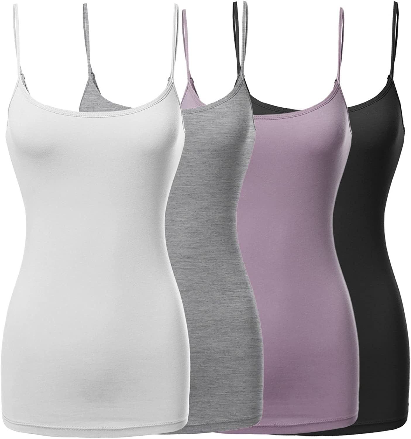 Women'S Basic Solid Long Length Adjustable Spaghetti Strap Tank Top [4PACK] Fwttk045 Black/White/Hgrey/Dustylilac / Small