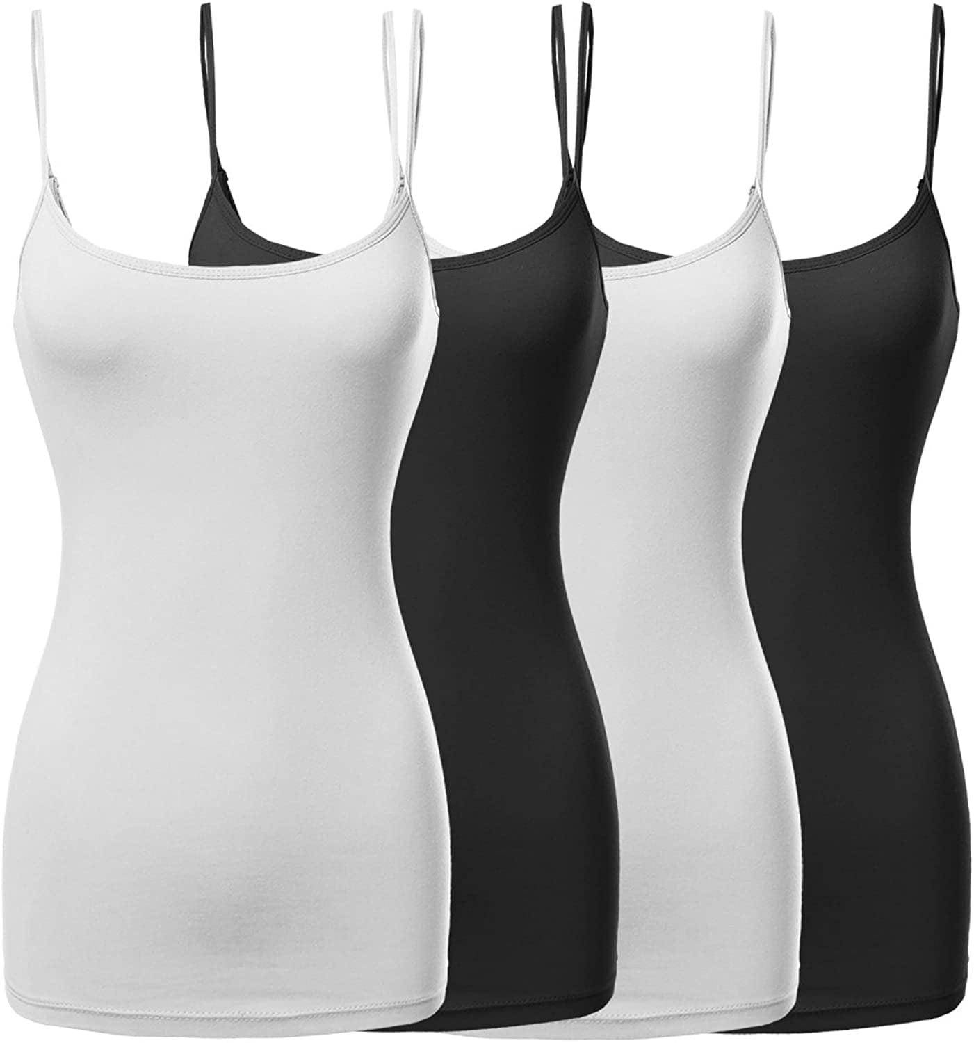 Women'S Basic Solid Long Length Adjustable Spaghetti Strap Tank Top [4PACK] Fwttk045 2black/2white / X-Large
