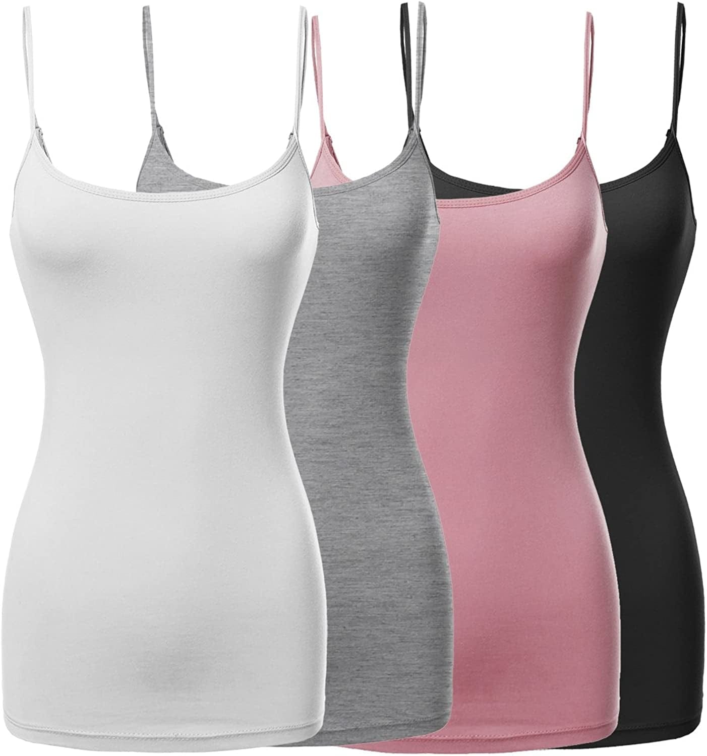Women'S Basic Solid Long Length Adjustable Spaghetti Strap Tank Top [4PACK] Fwttk045 Black/White/Hgrey/Darkpink / Small