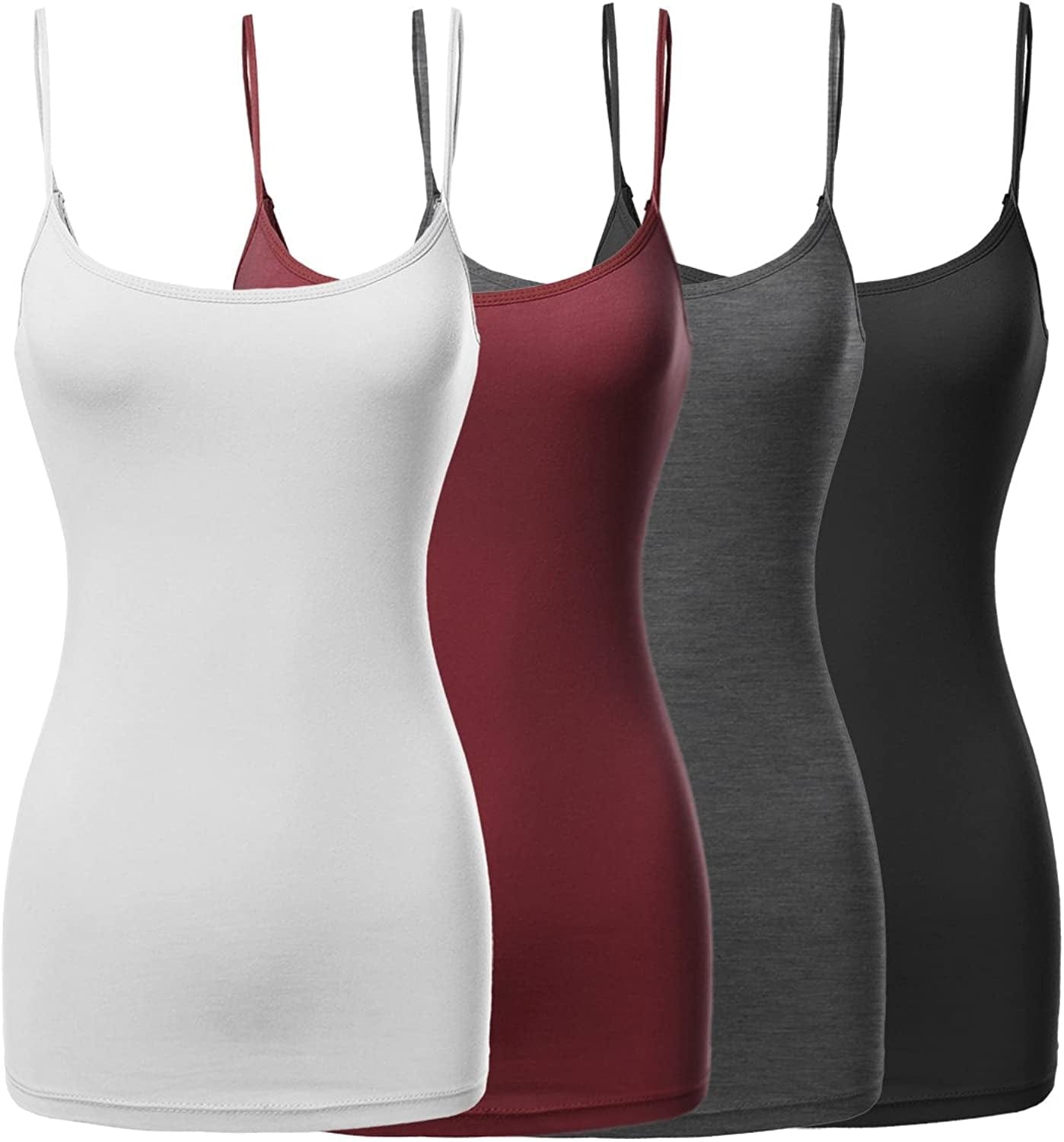 Women'S Basic Solid Long Length Adjustable Spaghetti Strap Tank Top [4PACK] Fwttk045 Black/White/Charcoal/Darkburgundy / X-Large