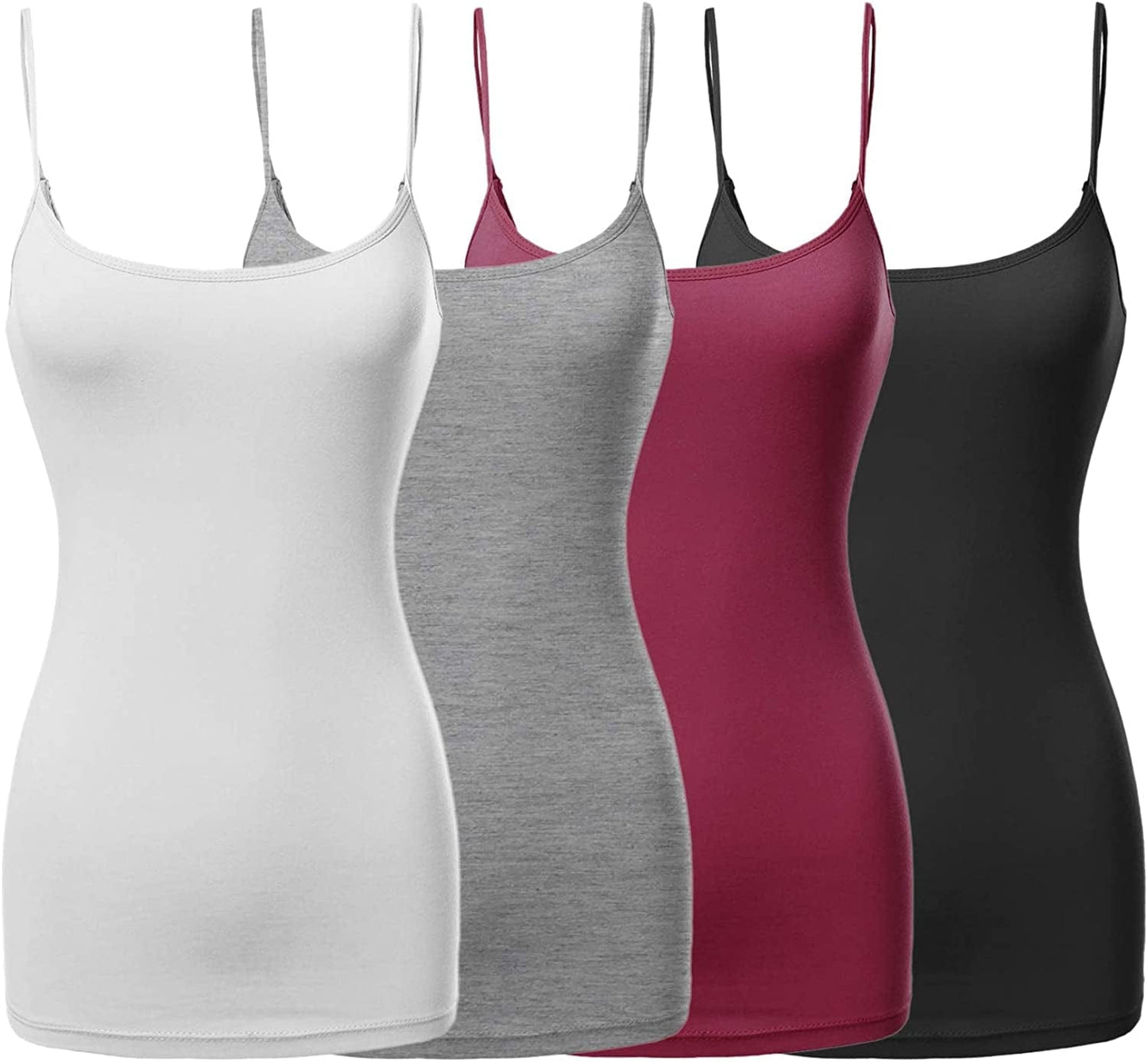 Women'S Basic Solid Long Length Adjustable Spaghetti Strap Tank Top [4PACK] Fwttk045 Black/White/Hgrey/Magenta / Small