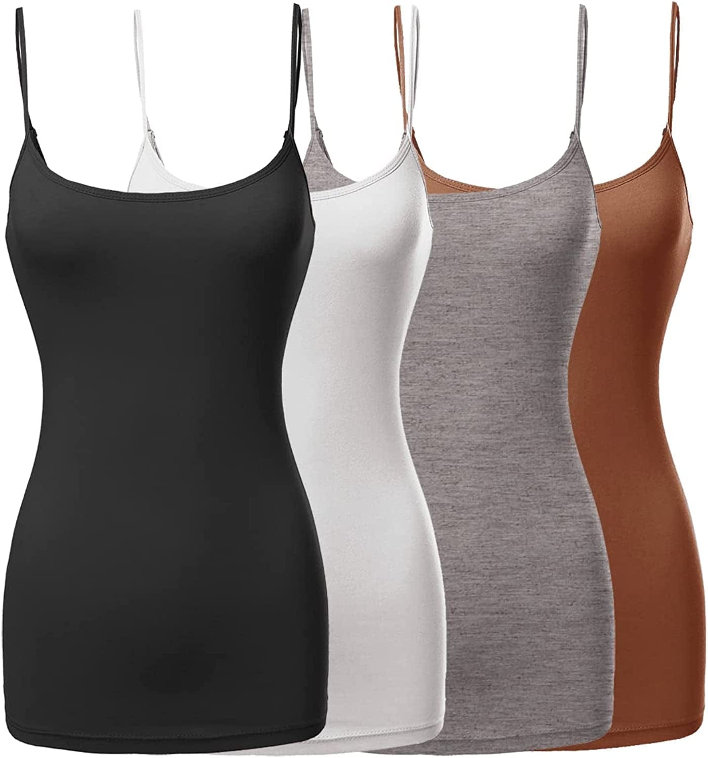 Women'S Basic Solid Long Length Adjustable Spaghetti Strap Tank Top [4PACK] Fwttk045 Black / White / Hgrey / Truffle / XX-Large