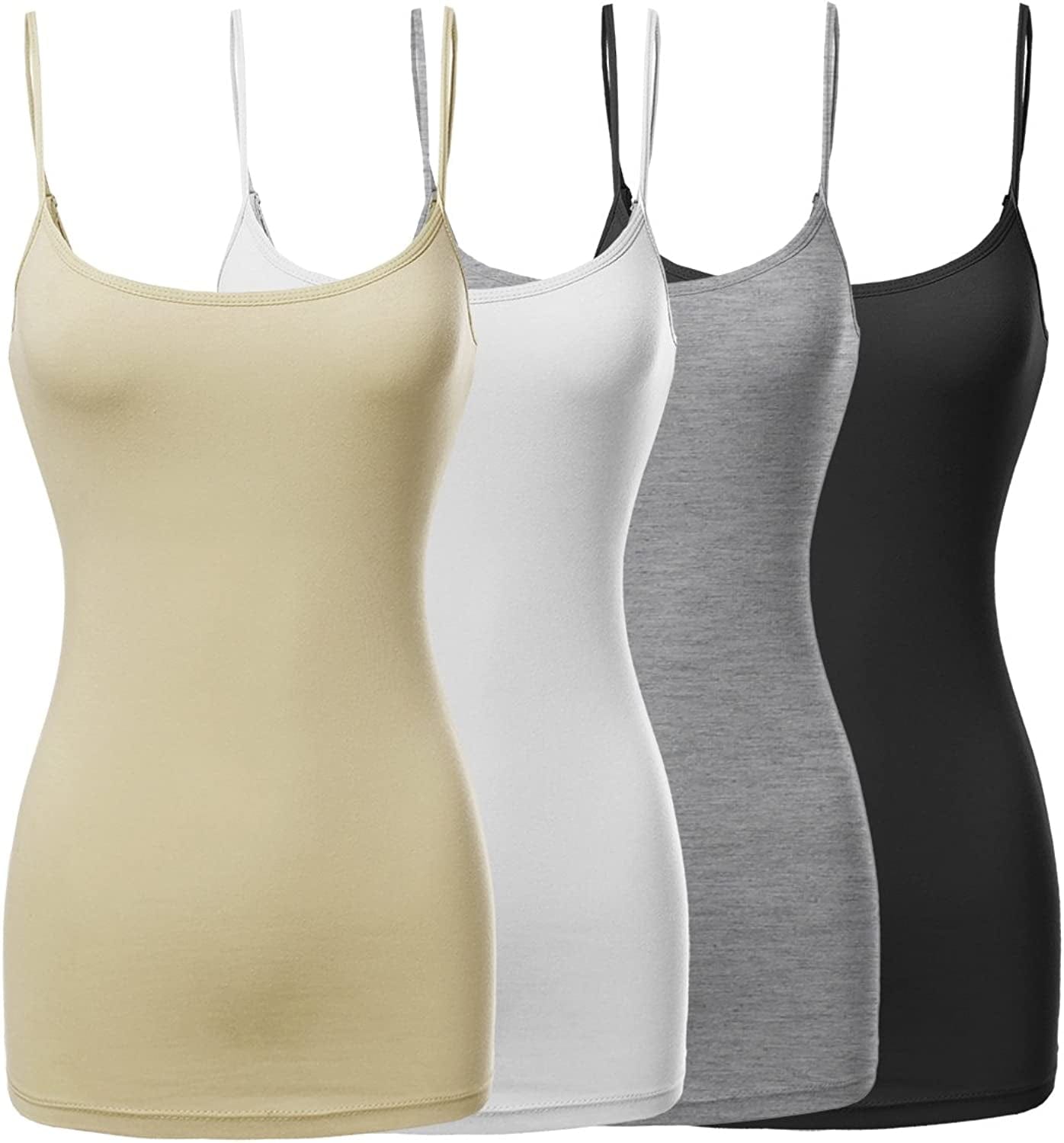 Women'S Basic Solid Long Length Adjustable Spaghetti Strap Tank Top [4PACK] Fwttk045 Black/White/Hgrey/Taupe / 3X-Large