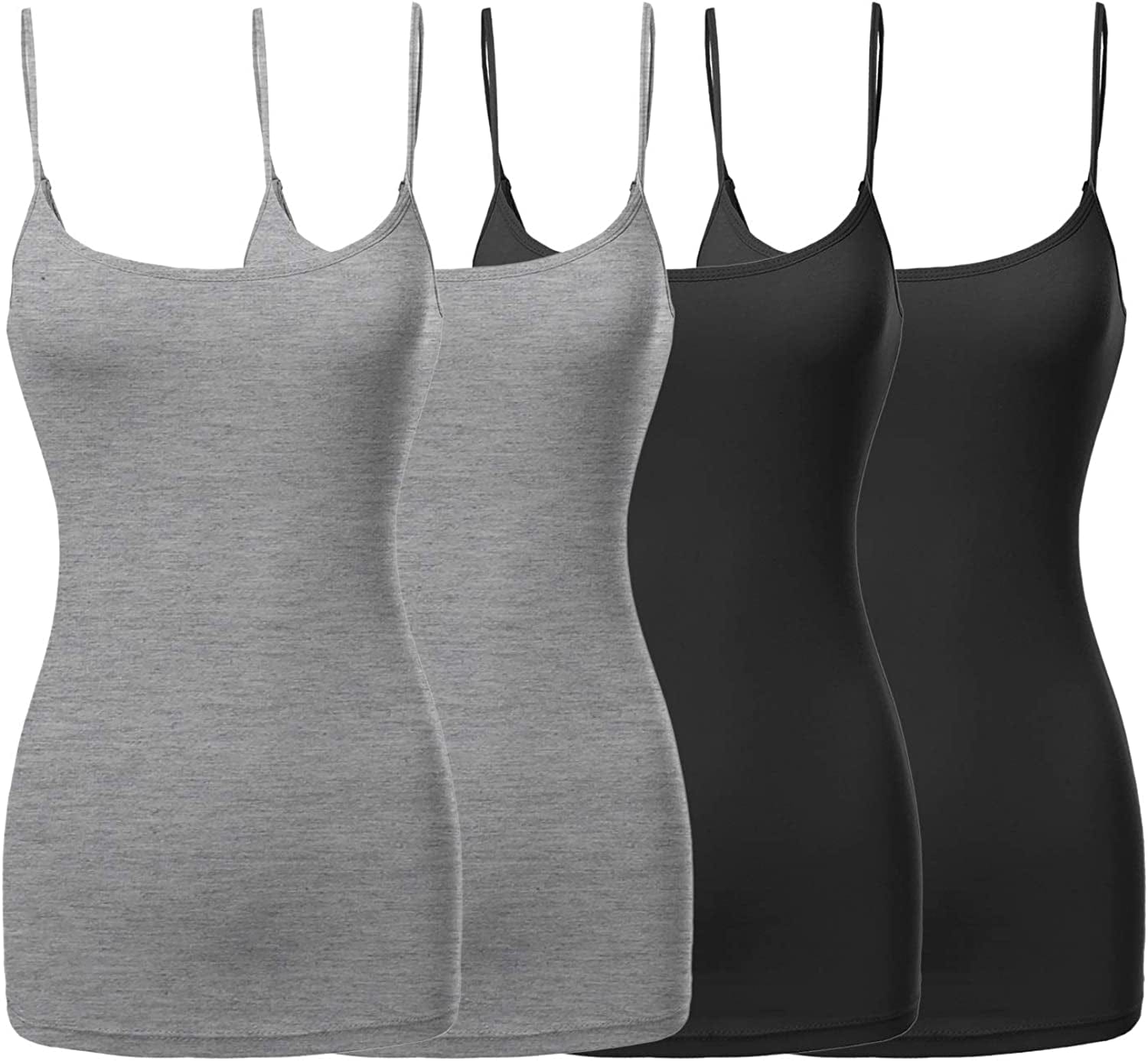 Women'S Basic Solid Long Length Adjustable Spaghetti Strap Tank Top [4PACK] Fwttk045 2black/2hgrey / X-Large